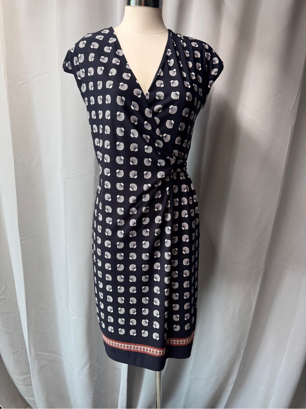Ann Taylor Navy Faux-Wrap Shell-Print Midi Dress